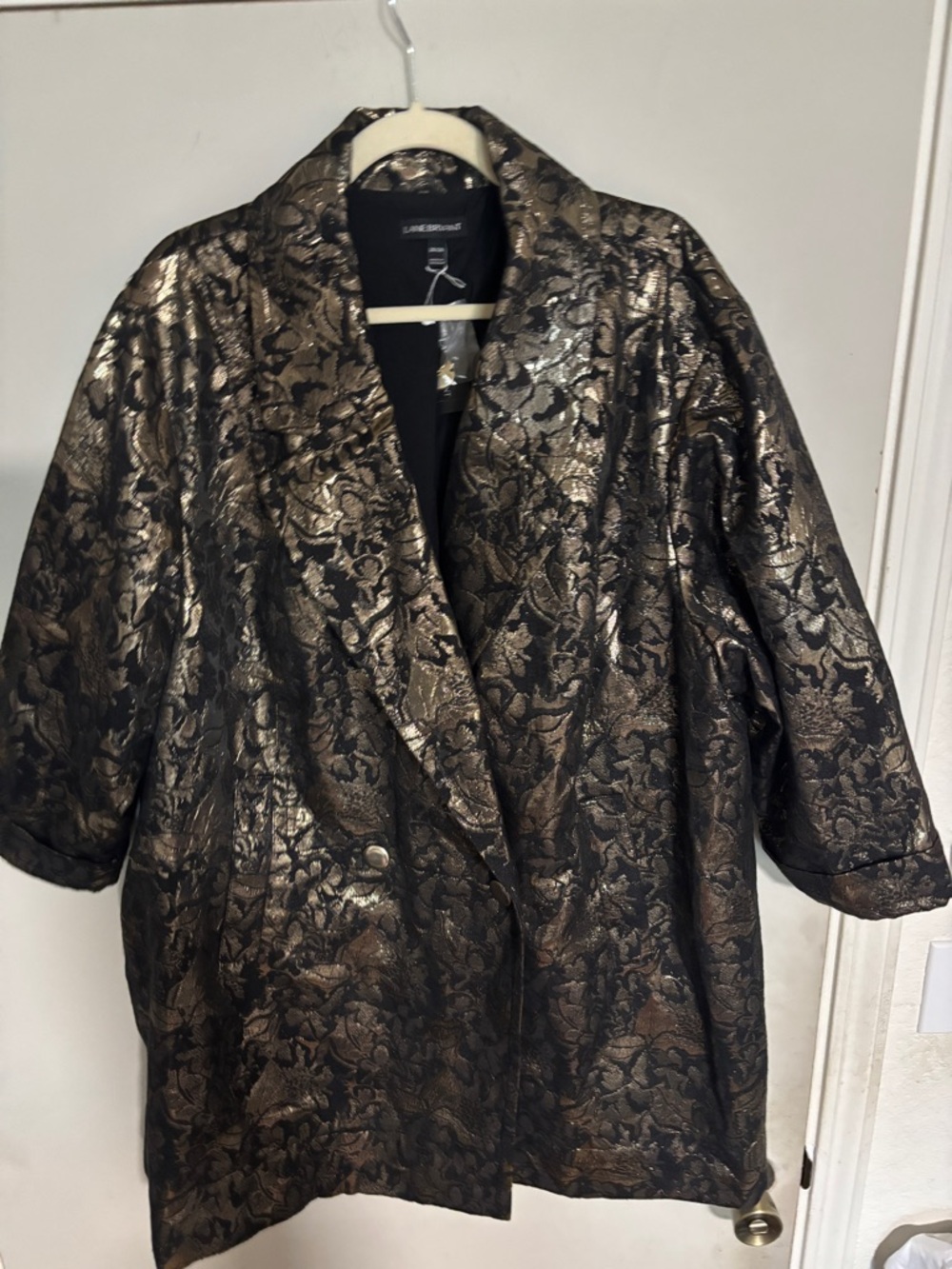 Lane Bryant Black and Gold Metallic Brocade Open Jacket